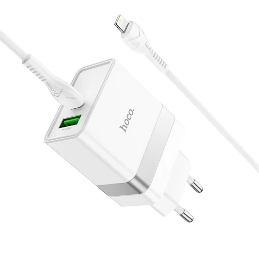 HOCO utazó töltő USB A + Type C + kábel Type C-ről Lightning-re PD QC3.0 3A 30W N21 fehér - 4