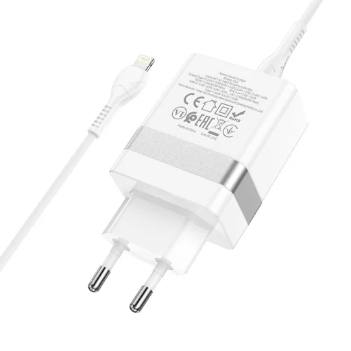 HOCO utazó töltő USB A + Type C + kábel Type C-ről Lightning-re PD QC3.0 3A 30W N21 fehér - 5