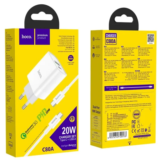 HOCO C80A hálózati töltő PD20W/QC3.0 + Type-C kábel fehér - 7