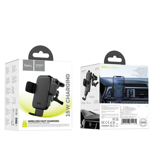 HOCO autós telefontartó vezetéknélküli töltéssel szellőzőrácsra HW10 fekete - 9
