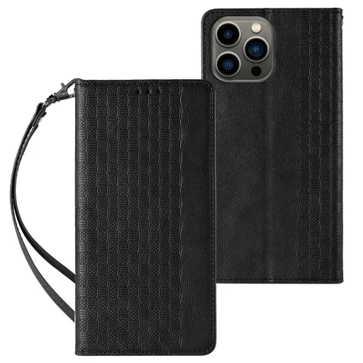 Magnet Strap Tok iPhone 12 Pro Max Pénztárca + Mini Nyakpánt Fekete - 1