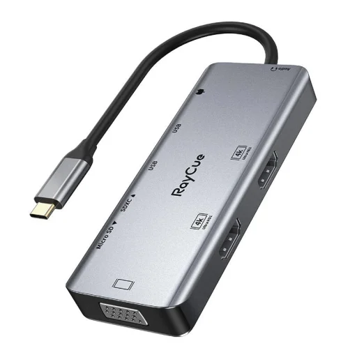 Hub 9 az 1-ben RayCue USB-C to 2x USB-A 3.0 5Gbps + 2x SD/TF 3.0 + 2x HDMI 4K30Hz + VGA 1080p + Jack 3.5mm + PD 3.0 100W (szürke) - 1