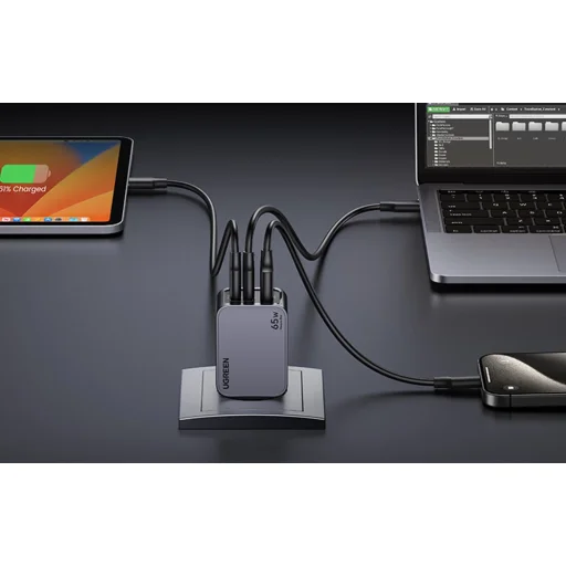 Ugreen Nexode Pro hálózati töltő, USB + 2x USB-C, 65W + USB-C kábel 1.5m (fekete) - 4