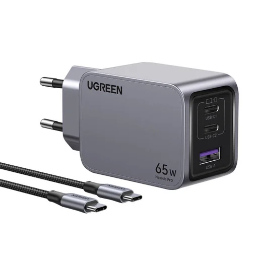 Ugreen Nexode Pro hálózati töltő, USB + 2x USB-C, 65W + USB-C kábel 1.5m (fekete) - 1
