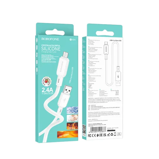 Borofone BX94 Crystal színű kábel - USB-Micro USB - 2,4A 1 méter fehér - 5